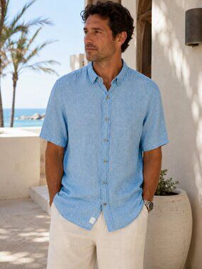 REPORT COLLECTION 100% Linen Blue Button Down Short Sleeve Shirt Resort Wear XL